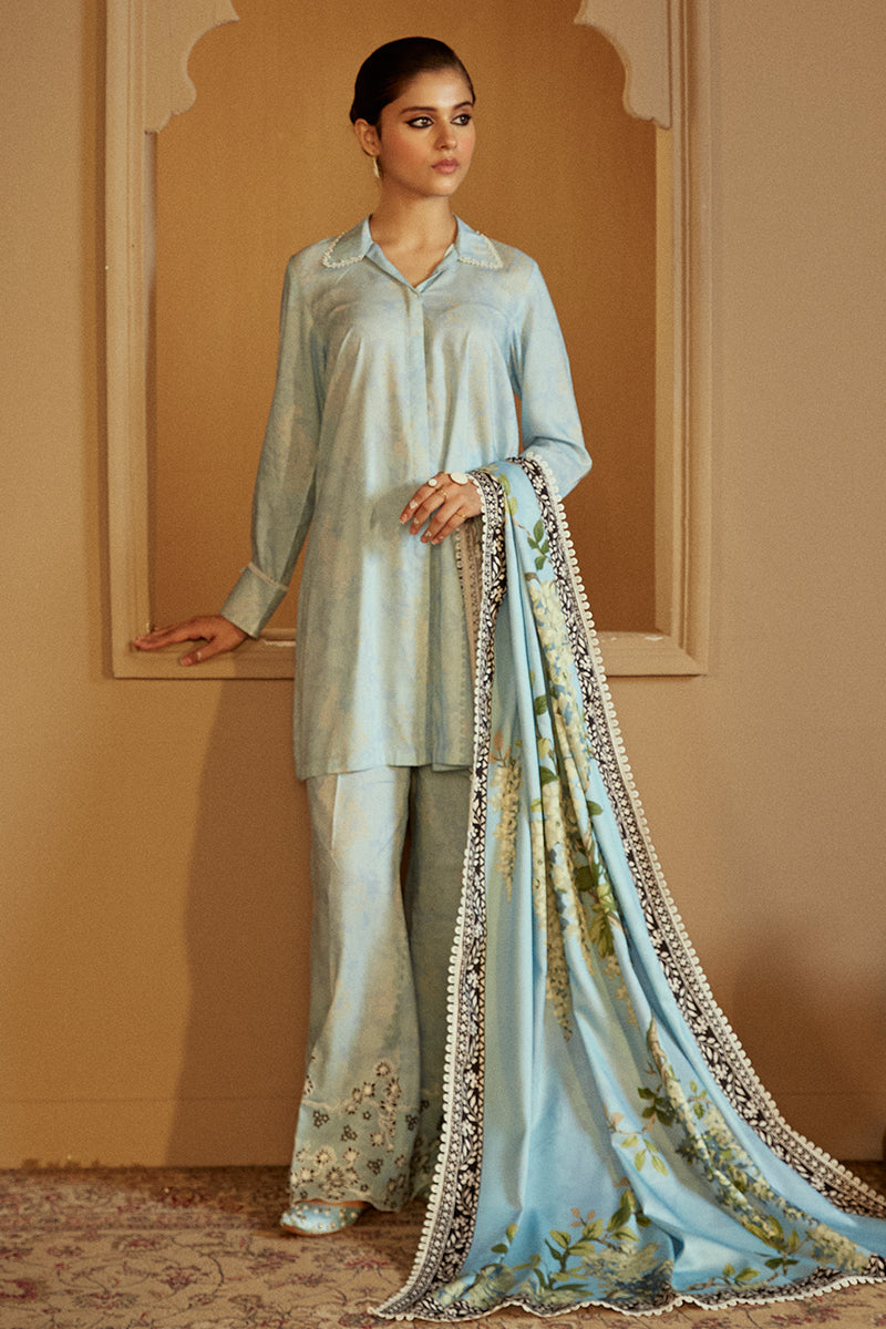 AZURE WISTERIA-3 PC LINEN EMBROIDERED SUIT