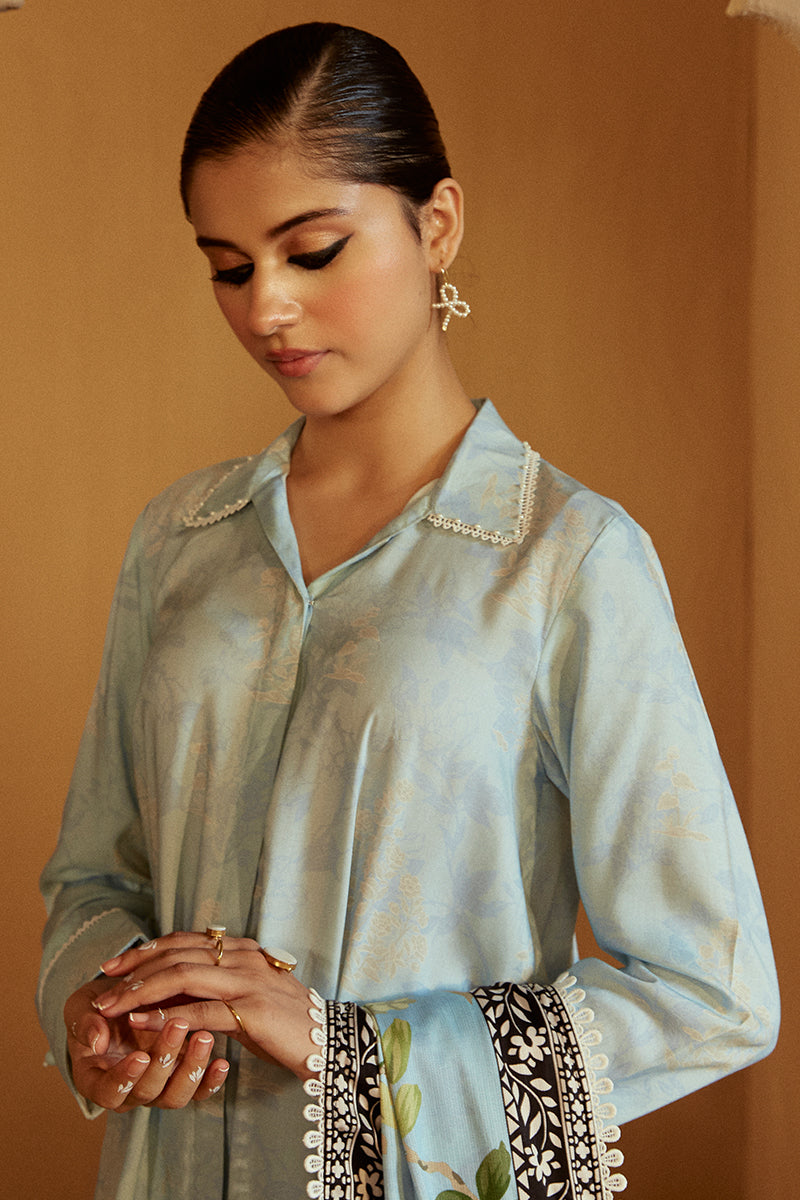 AZURE WISTERIA-3 PC LINEN EMBROIDERED SUIT