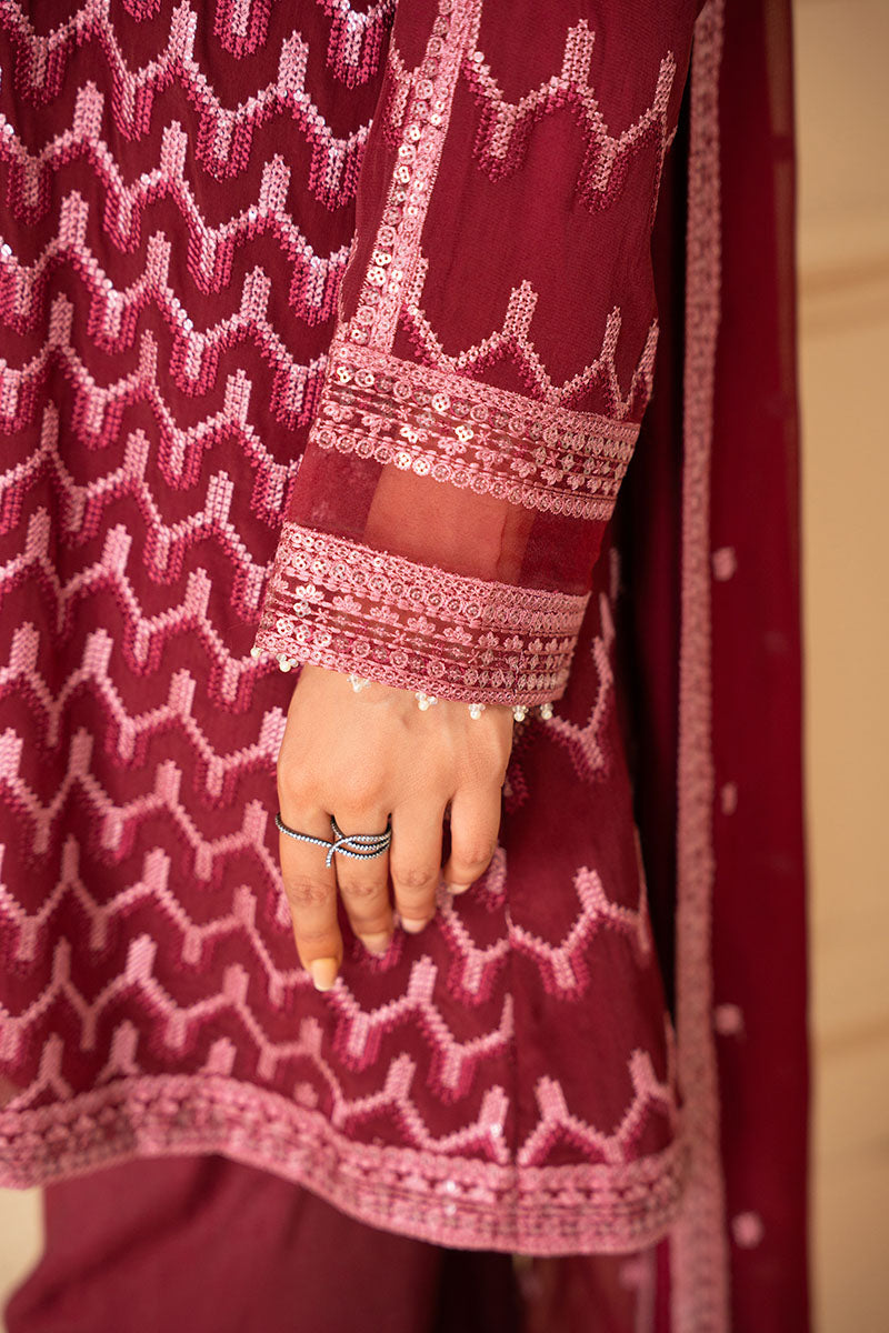 BURGUNDY BLISS-4 PIECE EMBROIDERED CHIFFON SUIT