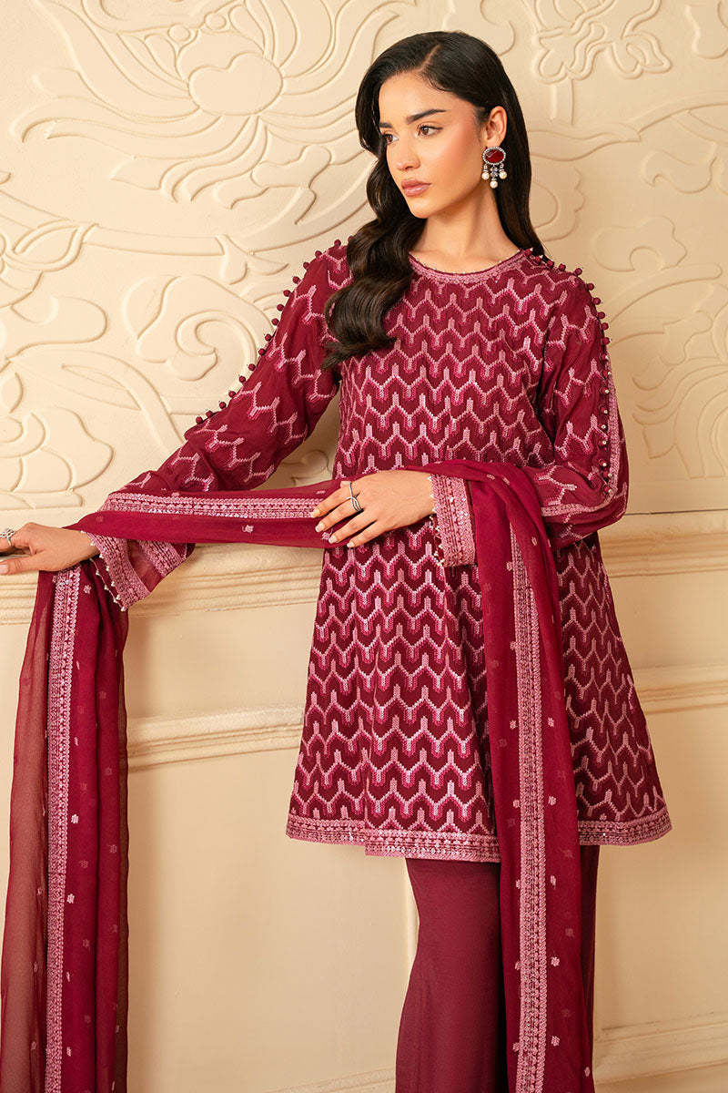 BURGUNDY BLISS-4 PIECE EMBROIDERED CHIFFON SUIT