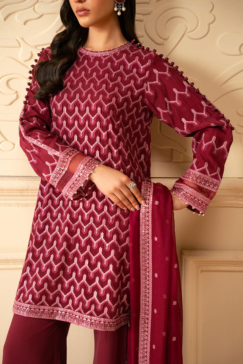 BURGUNDY BLISS-4 PIECE EMBROIDERED CHIFFON SUIT