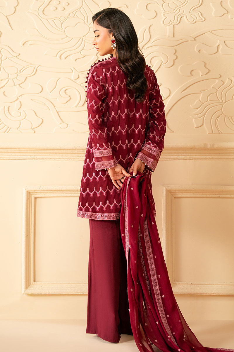 BURGUNDY BLISS-4 PIECE EMBROIDERED CHIFFON SUIT