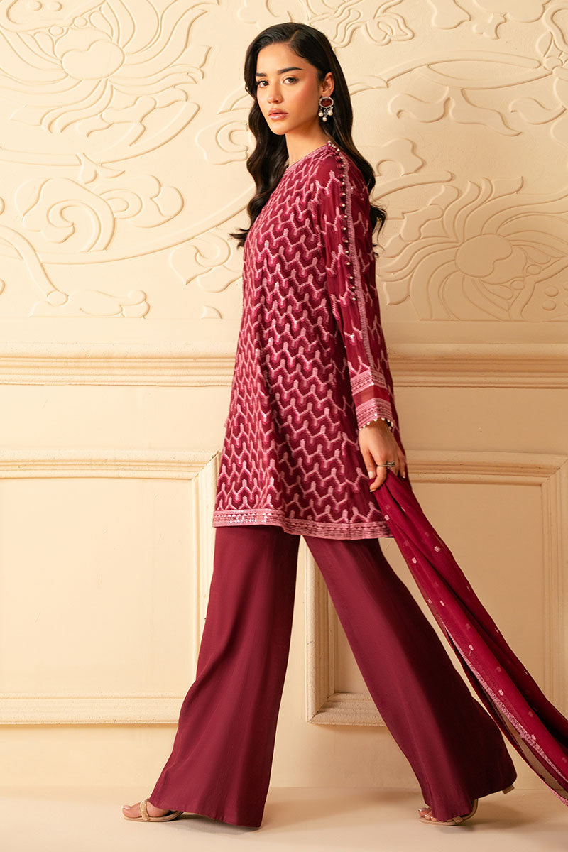 BURGUNDY BLISS-4 PIECE EMBROIDERED CHIFFON SUIT