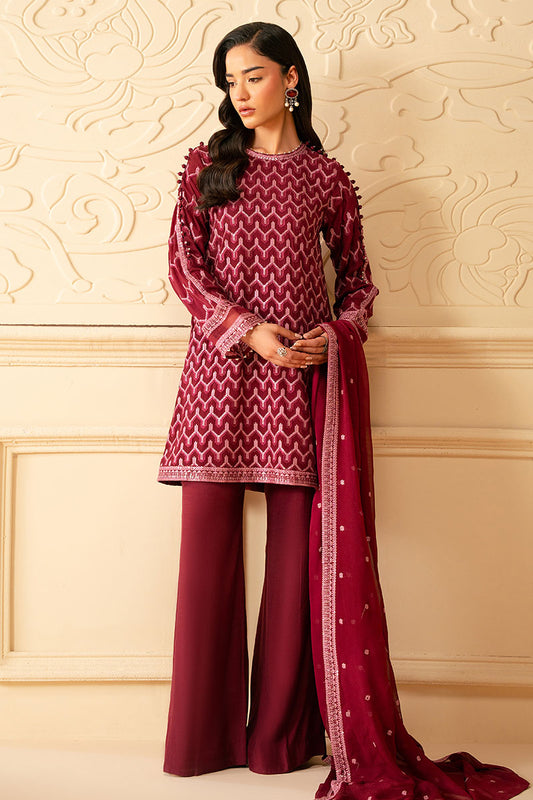 BURGUNDY BLISS-4 PIECE EMBROIDERED CHIFFON SUIT