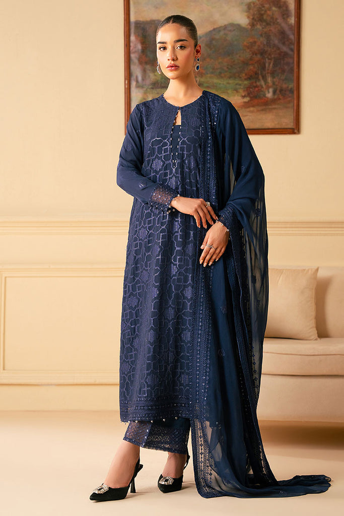 INDIGO BLUE-4 PIECE EMBROIDERED CHIFFON SUIT