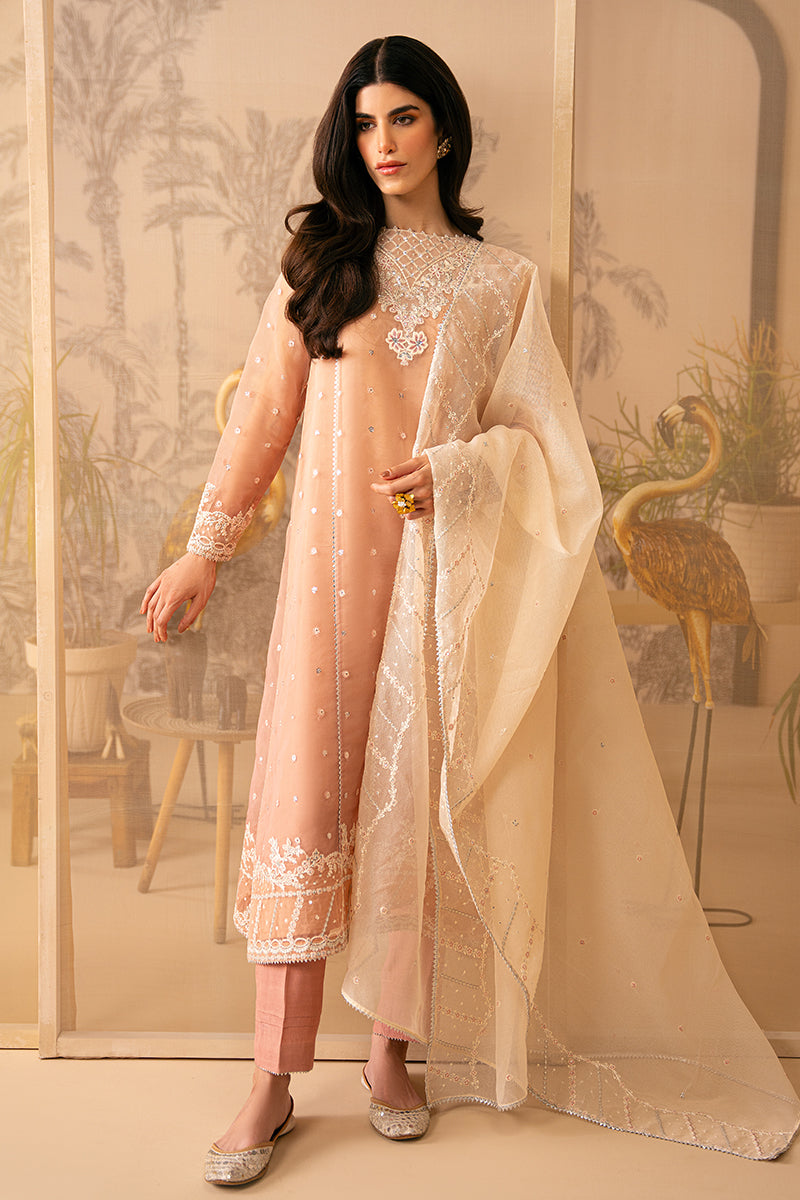 CORAL CASCADE-4 PIECE EMBROIDERED ORGANZA SUIT