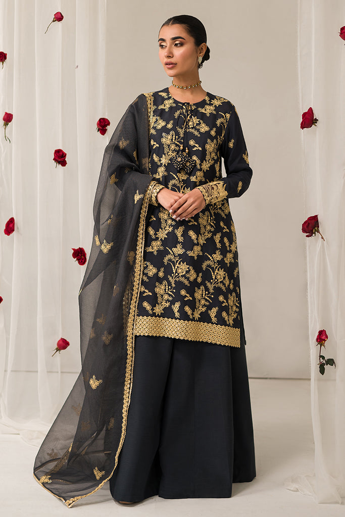 CHARCOAL TINT-3 PIECE EMBROIDERED SILK SUIT