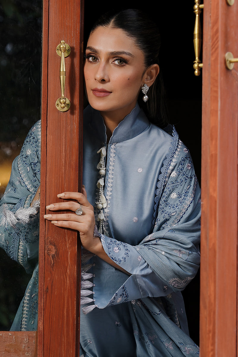 SERENITY BLUE-3PC SATIN EMBROIDERED SUIT