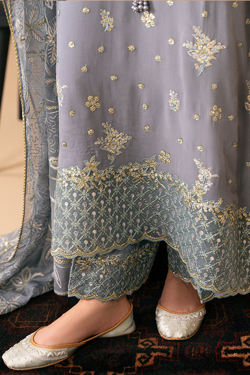 SMOKE BLUE-4 PIECE EMBROIDERED CHIFFON SUIT