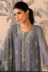 SMOKE BLUE-4 PIECE EMBROIDERED CHIFFON SUIT