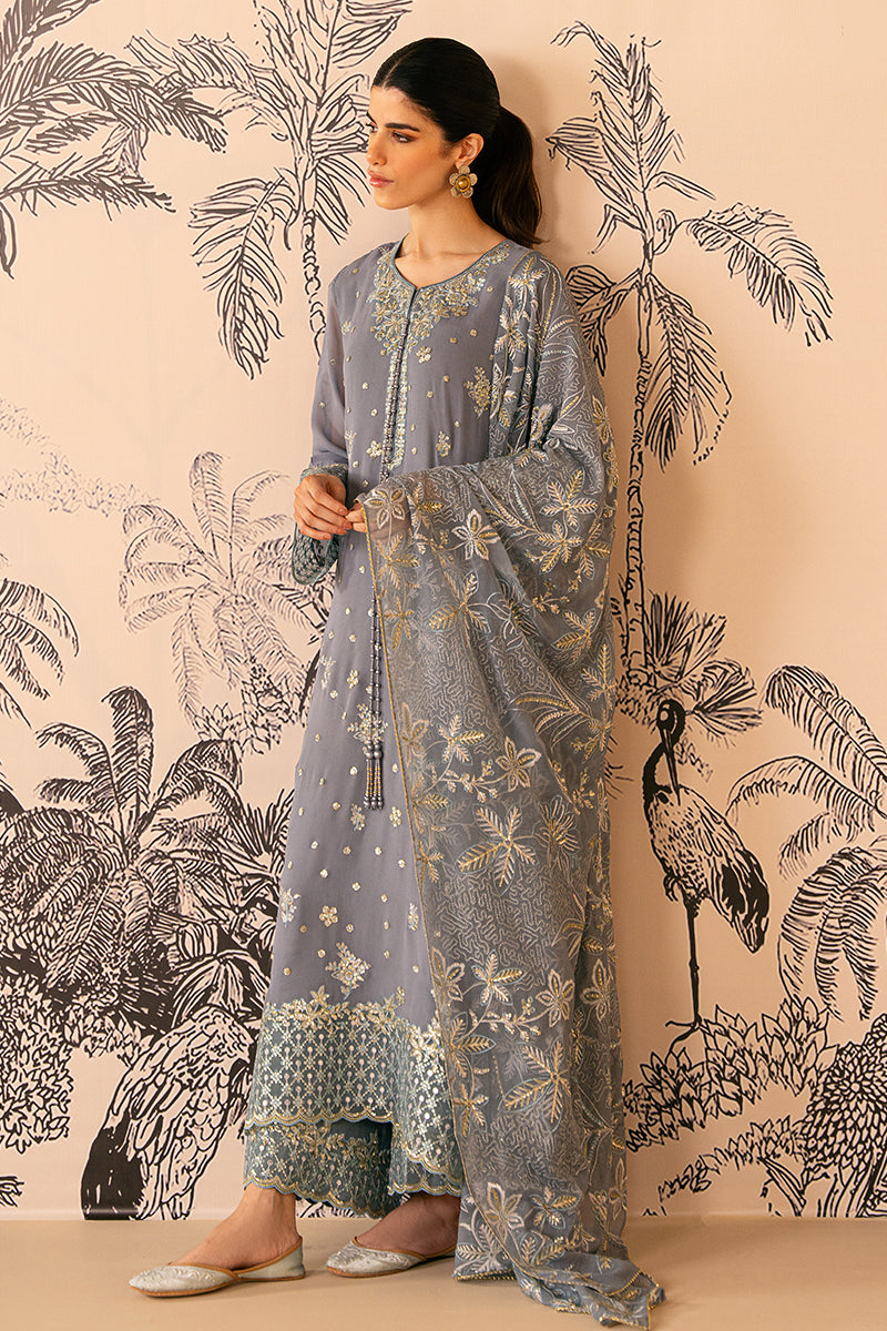 SMOKE BLUE-4 PIECE EMBROIDERED CHIFFON SUIT