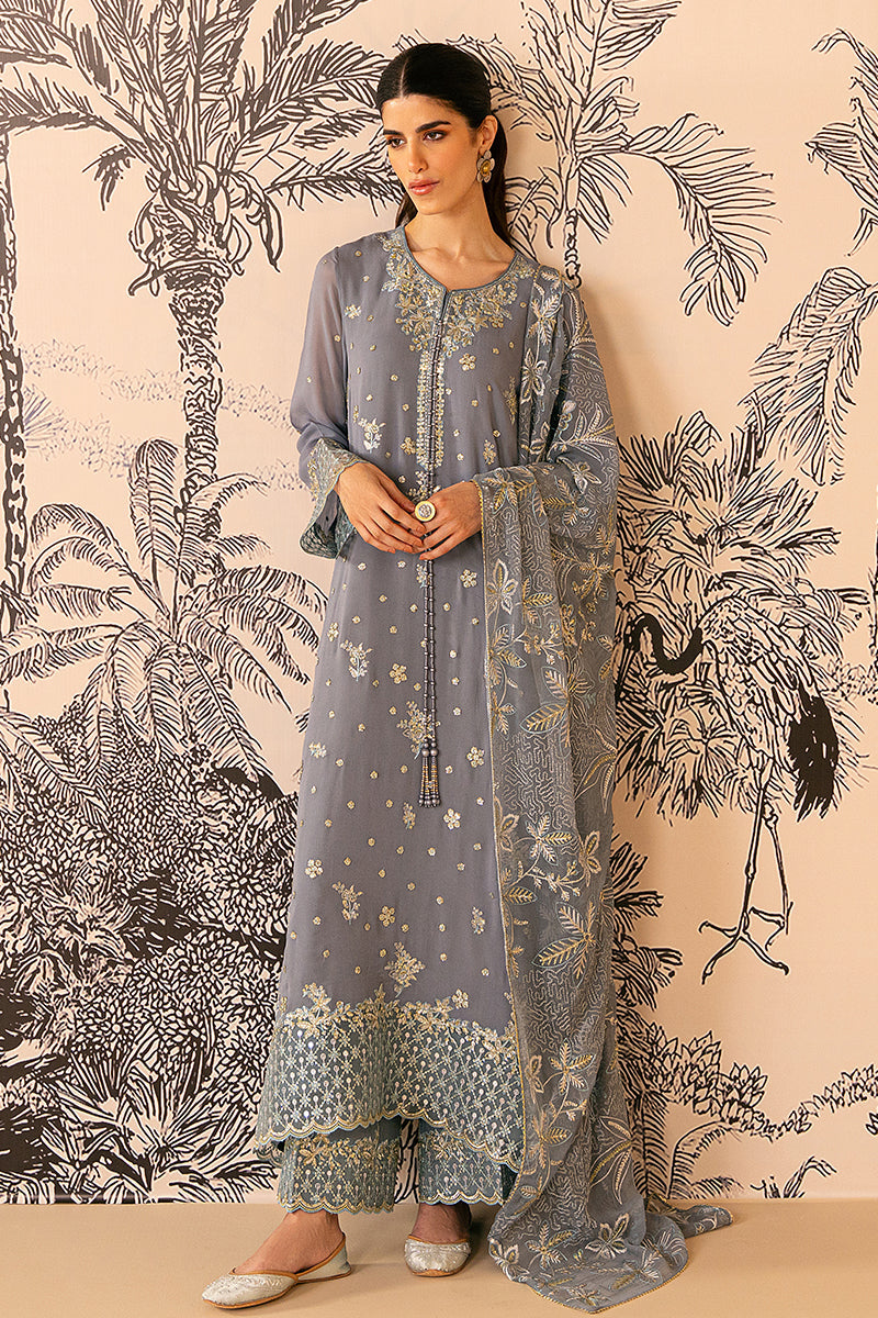 SMOKE BLUE-4 PIECE EMBROIDERED CHIFFON SUIT