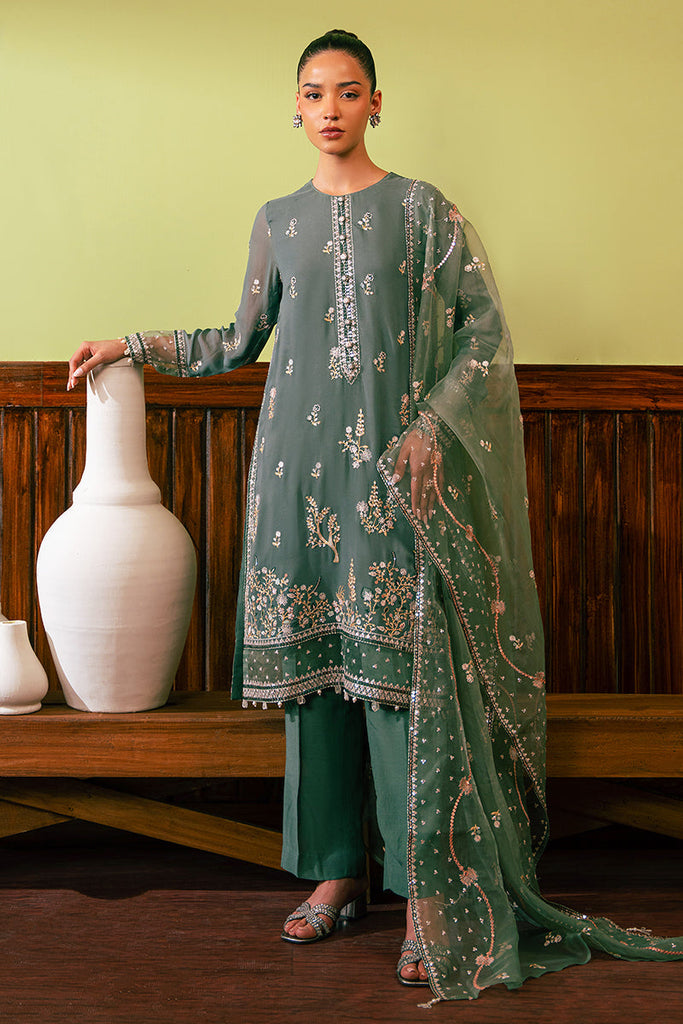 FERN GREEN-4 PIECE EMBROIDERED CHIFFON SUIT