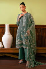 FERN GREEN-4 PIECE EMBROIDERED CHIFFON SUIT