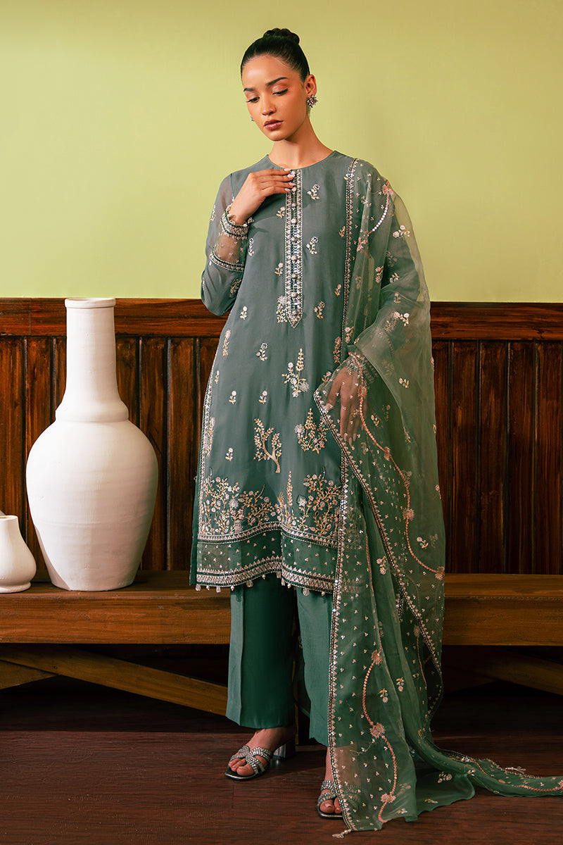 FERN GREEN-4 PIECE EMBROIDERED CHIFFON SUIT