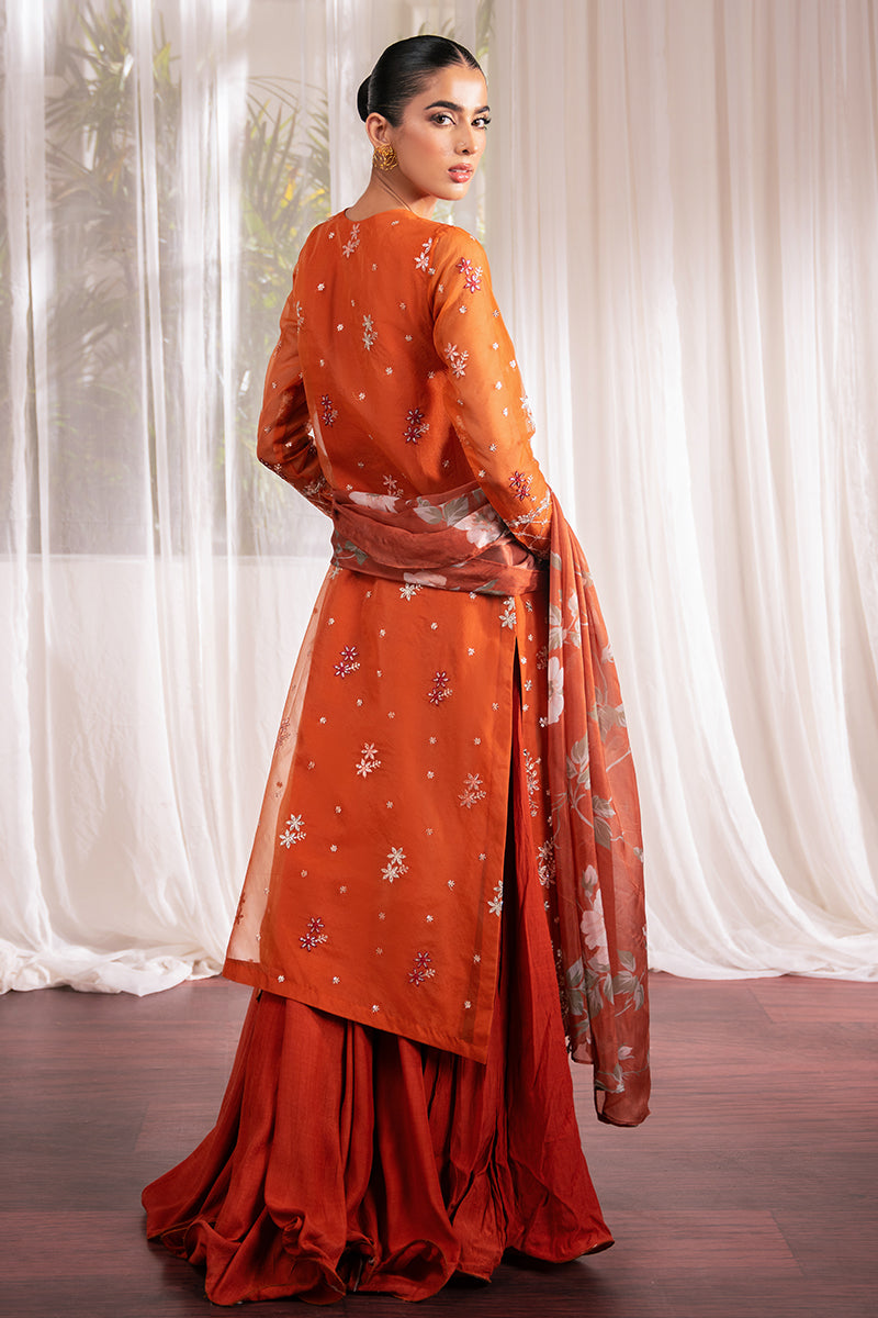 APRICOT DUSK-4 PC EMBROIDERED ORGANZA SUIT