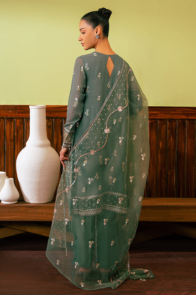 FERN GREEN-4 PIECE EMBROIDERED CHIFFON SUIT