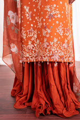 APRICOT DUSK-4 PC EMBROIDERED ORGANZA SUIT