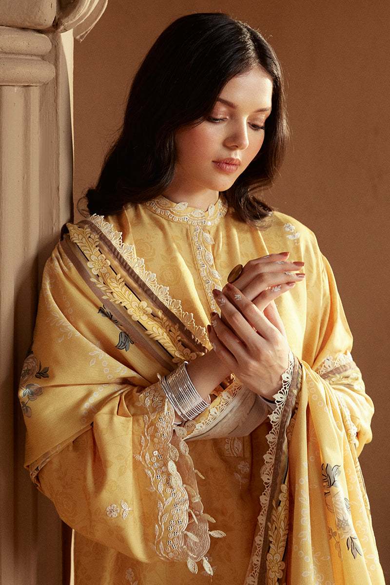 OCHRE TINT-3 PC LINEN EMBROIDERED SUIT