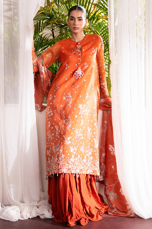 APRICOT DUSK-4 PC EMBROIDERED ORGANZA SUIT