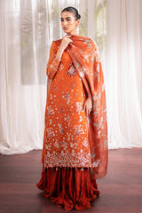 APRICOT DUSK-4 PC EMBROIDERED ORGANZA SUIT