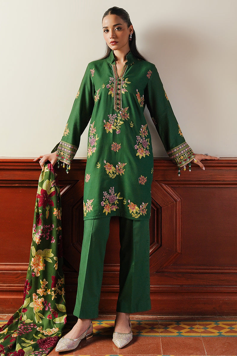 GREEN OASIS-3PC SATIN EMBROIDERED SUIT