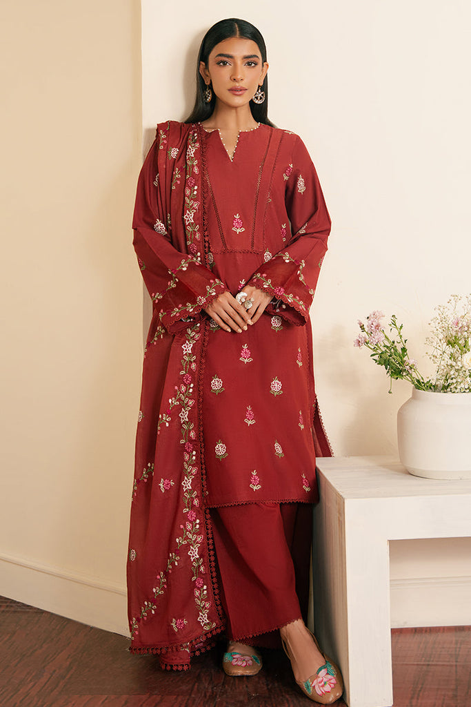 SYLVAN RED-3 PIECE EMBROIDERED CAMBRIC SUIT