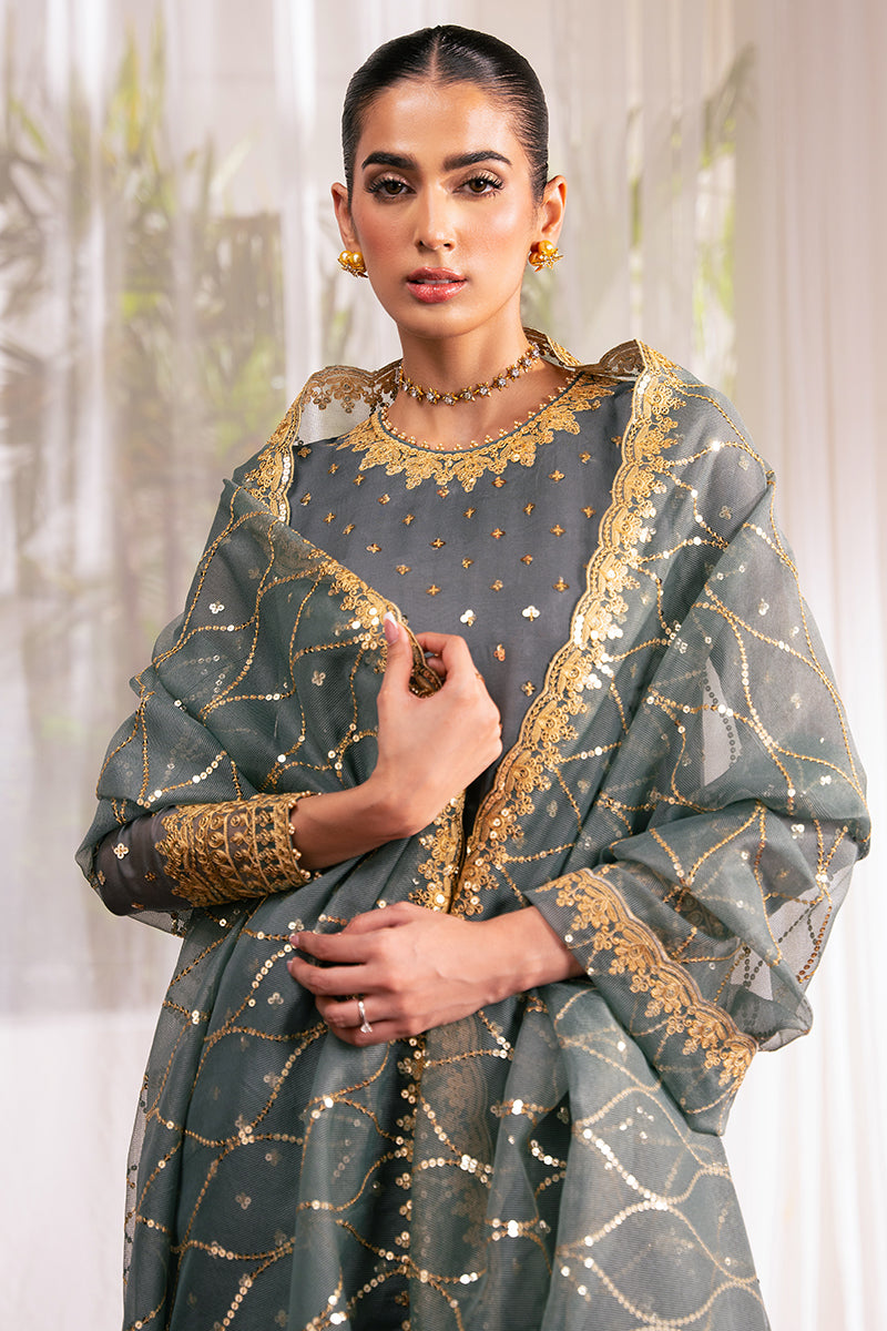 MALLARD GREEN-4 PC EMBROIDERED CHIFFON SUIT