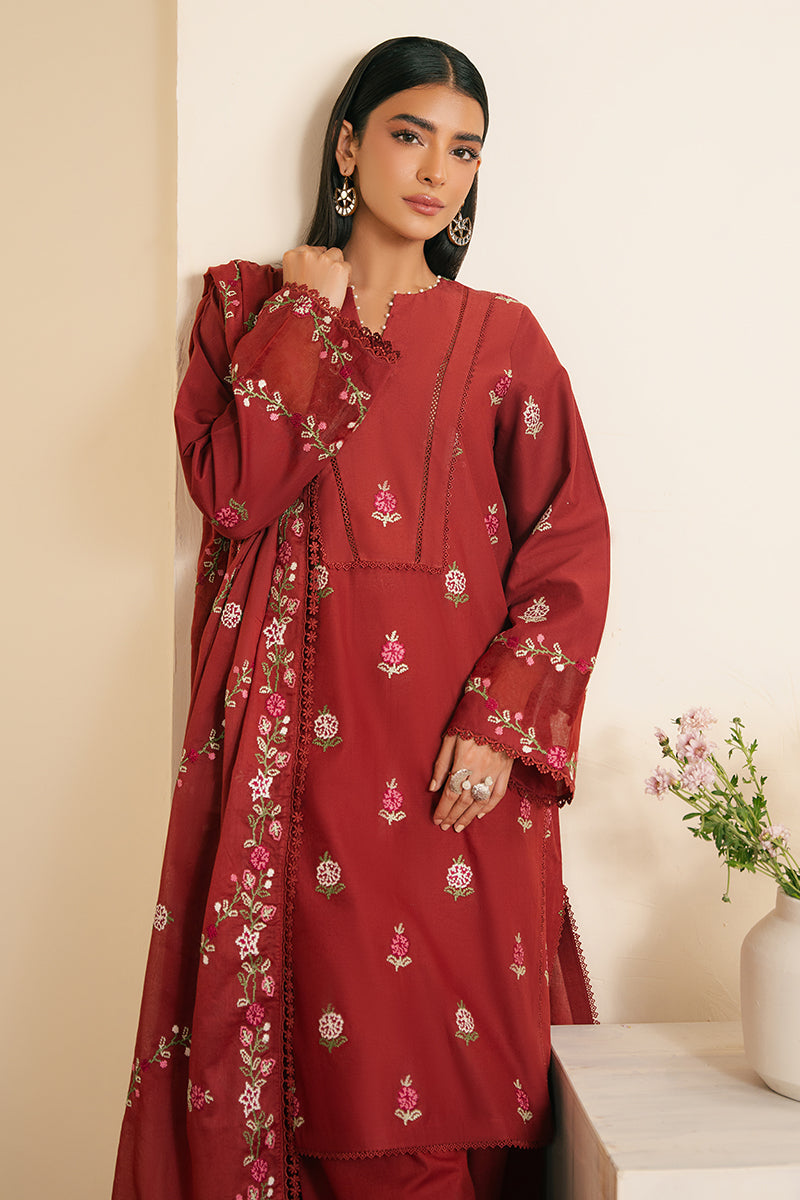 SYLVAN RED-3 PIECE EMBROIDERED CAMBRIC SUIT