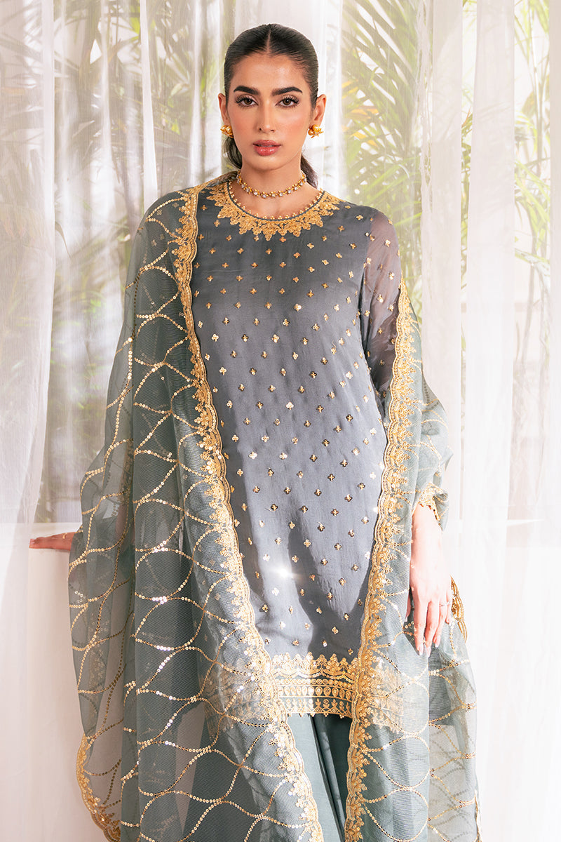 MALLARD GREEN-4 PC EMBROIDERED CHIFFON SUIT