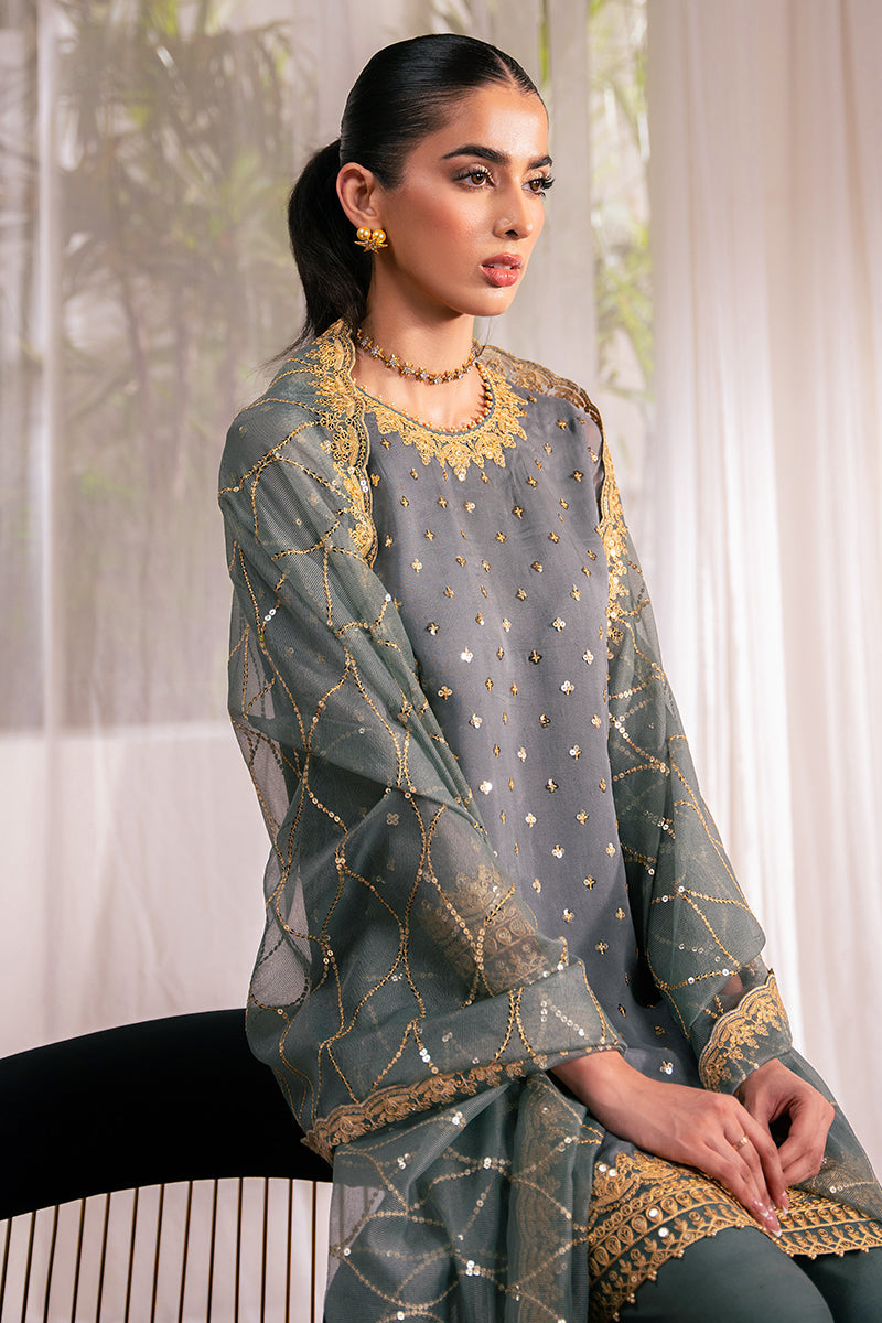 MALLARD GREEN-4 PC EMBROIDERED CHIFFON SUIT