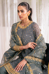 MALLARD GREEN-4 PC EMBROIDERED CHIFFON SUIT