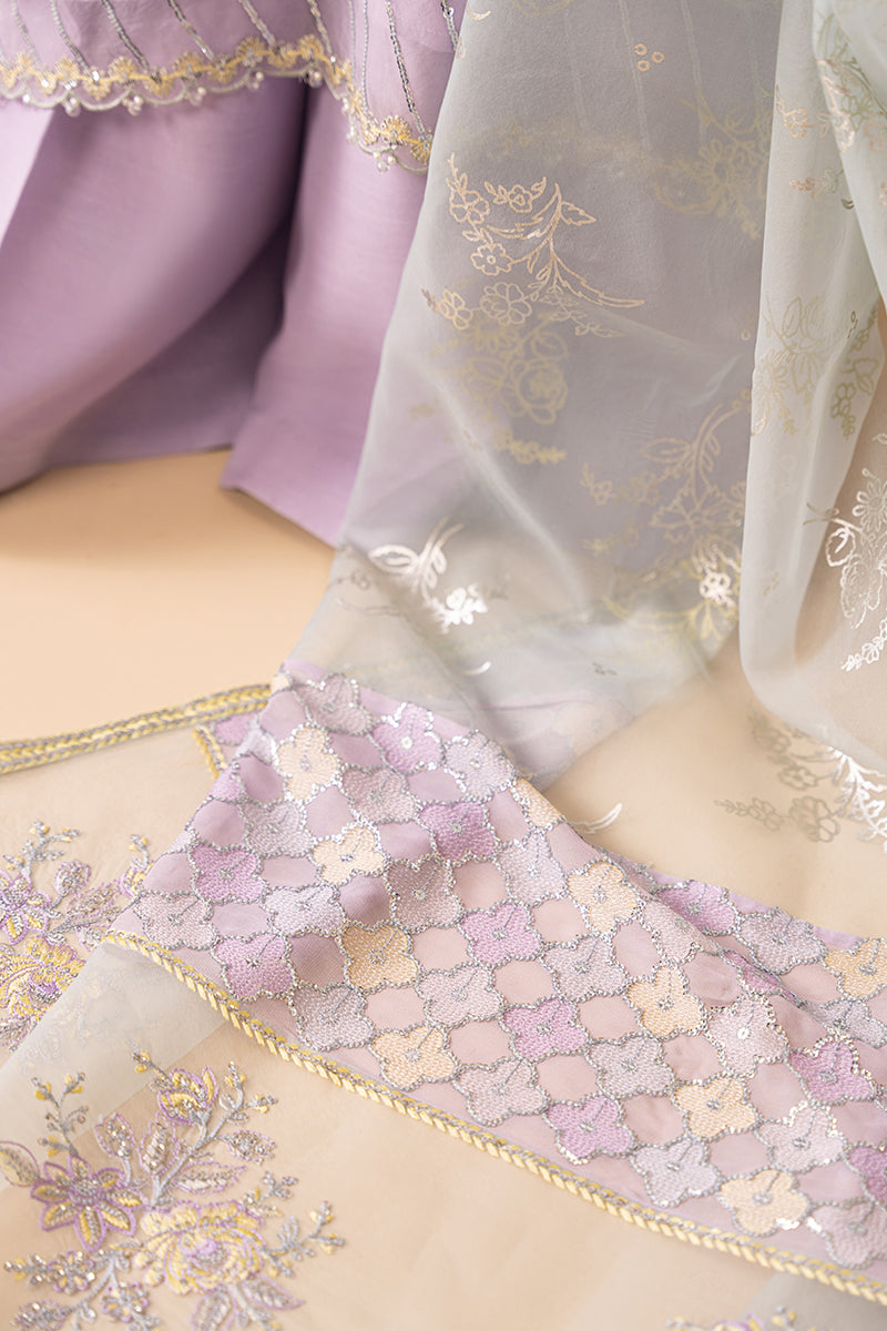 LILAC LUSTER-4 PIECE EMBROIDERED CHIFFON SUIT