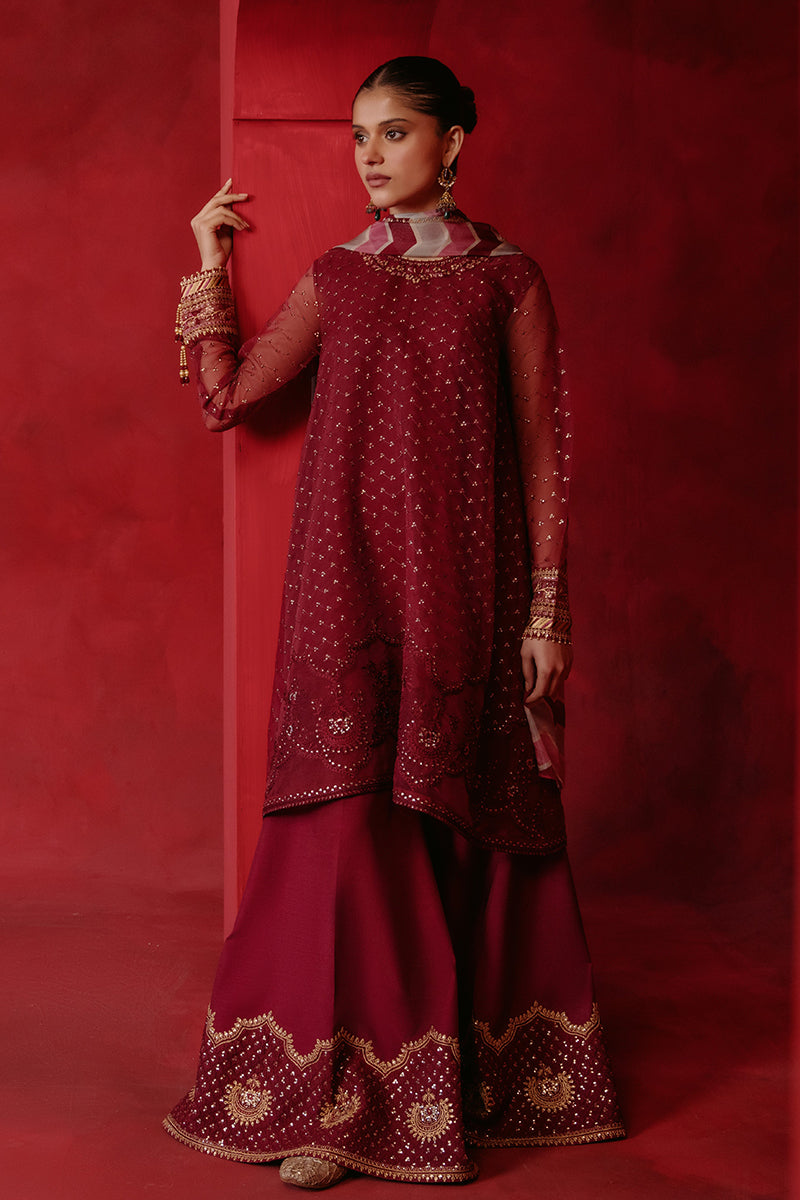 RED OCHRE-4 PIECE ORGANZA EMBROIDERED SUIT