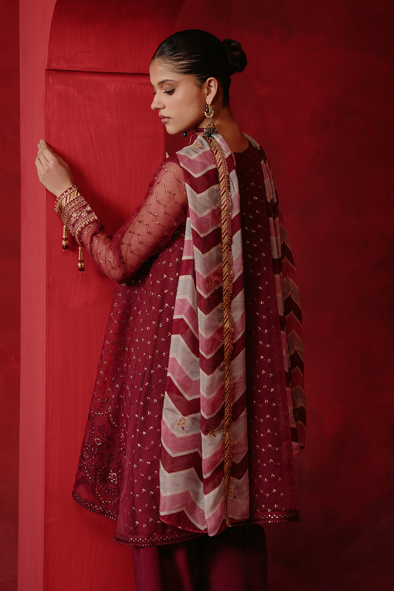 RED OCHRE-4 PIECE ORGANZA EMBROIDERED SUIT