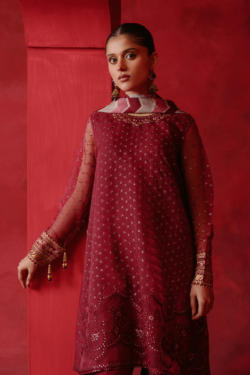 RED OCHRE-4 PIECE ORGANZA EMBROIDERED SUIT