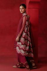 RED OCHRE-4 PIECE ORGANZA EMBROIDERED SUIT