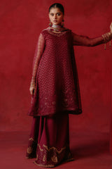 RED OCHRE-4 PIECE ORGANZA EMBROIDERED SUIT