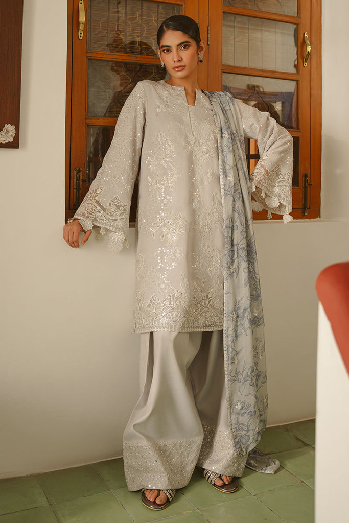 GRAY DAWN-3 PIECE EMBROIDERED SILK SUIT