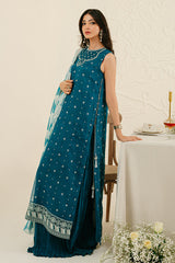 FRECKLE TEAL-4PC ORGANZA EMBROIDERED SUIT