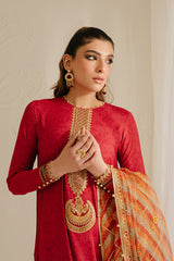 POMPEIAN RED-3PC SILK EMBROIDERED SUIT