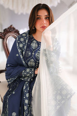 OBSIDIAN BLUE-3PC SATIN EMBROIDERED SUIT