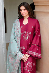 VERMILLION WOOD-3PC SATIN EMBROIDERED SUIT
