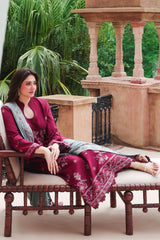 VERMILLION WOOD-3PC SATIN EMBROIDERED SUIT