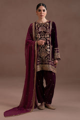 IMPERIAL MAGENTA- 4PC  VELVET EMBROIDERED SUIT