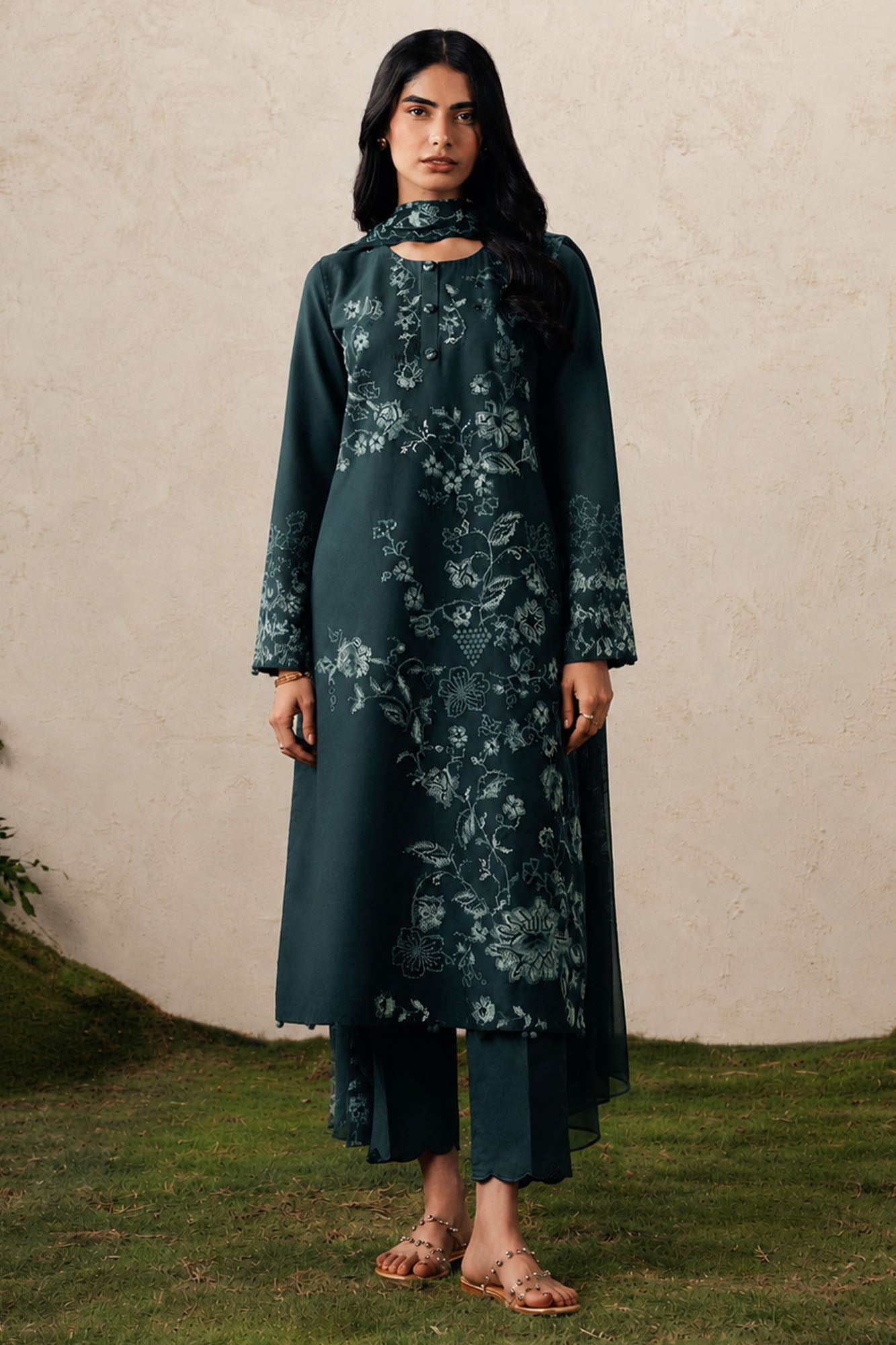 EMERALD TEAL-3PC EMBROIDERED SUIT
