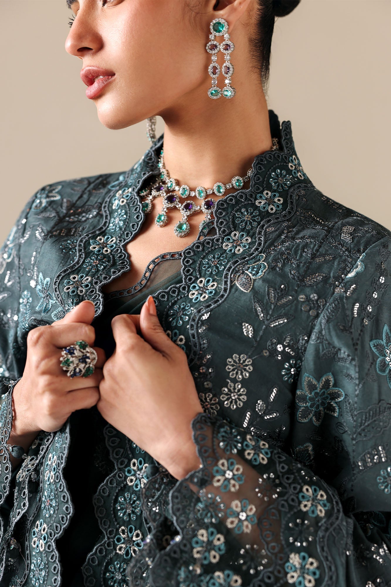 DARK SEA-3PC SILK EMBROIDERED SUIT