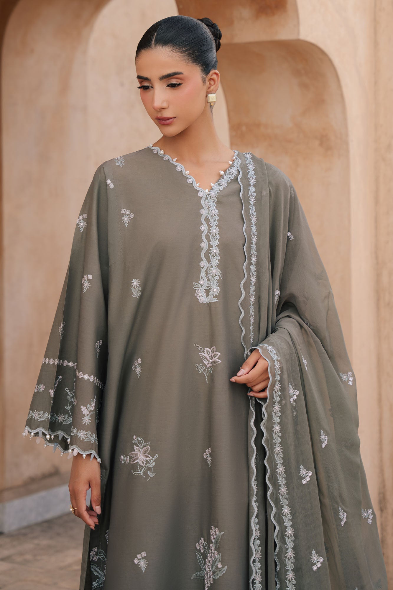 OLIVINE BLOOM-3PC EMBROIDERED LAWN SUIT