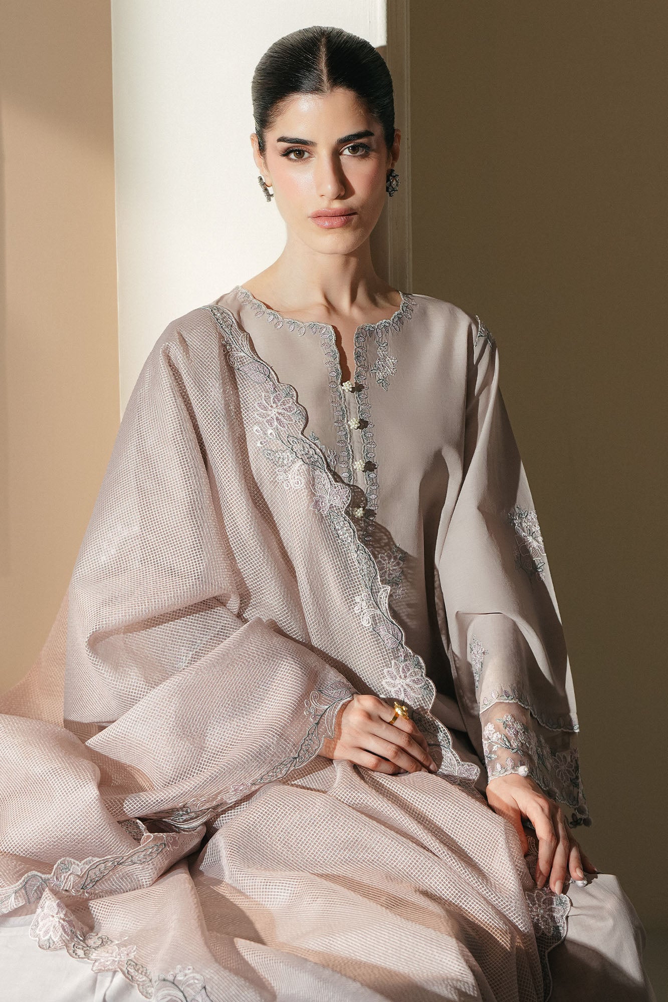 SOFT UMBER-3PC EMBROIDERED LAWN SUIT