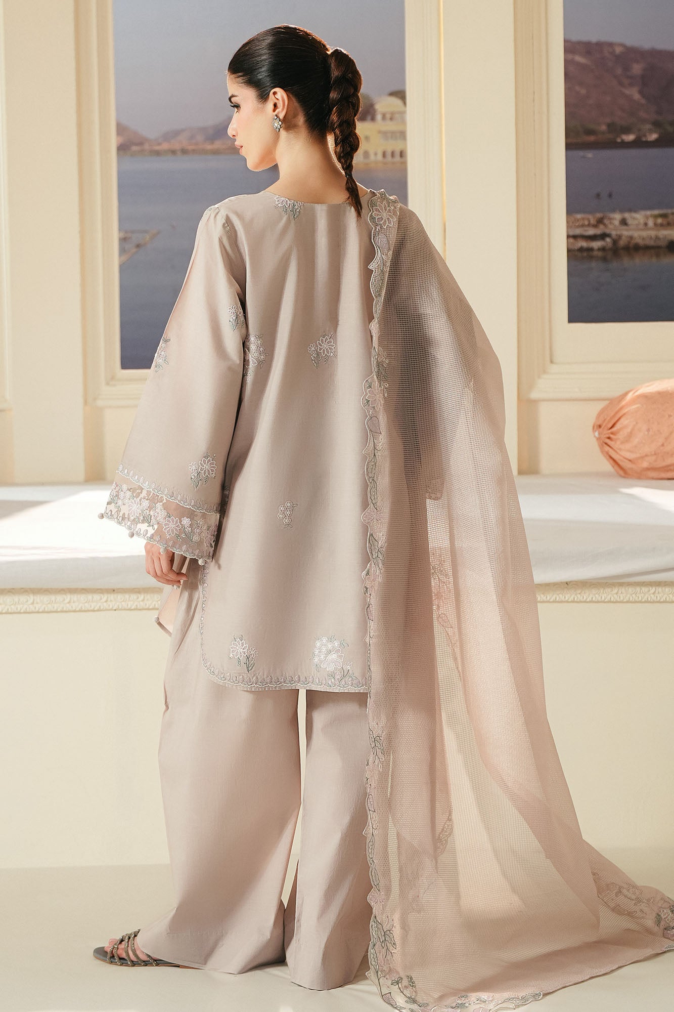 SOFT UMBER-3PC EMBROIDERED LAWN SUIT